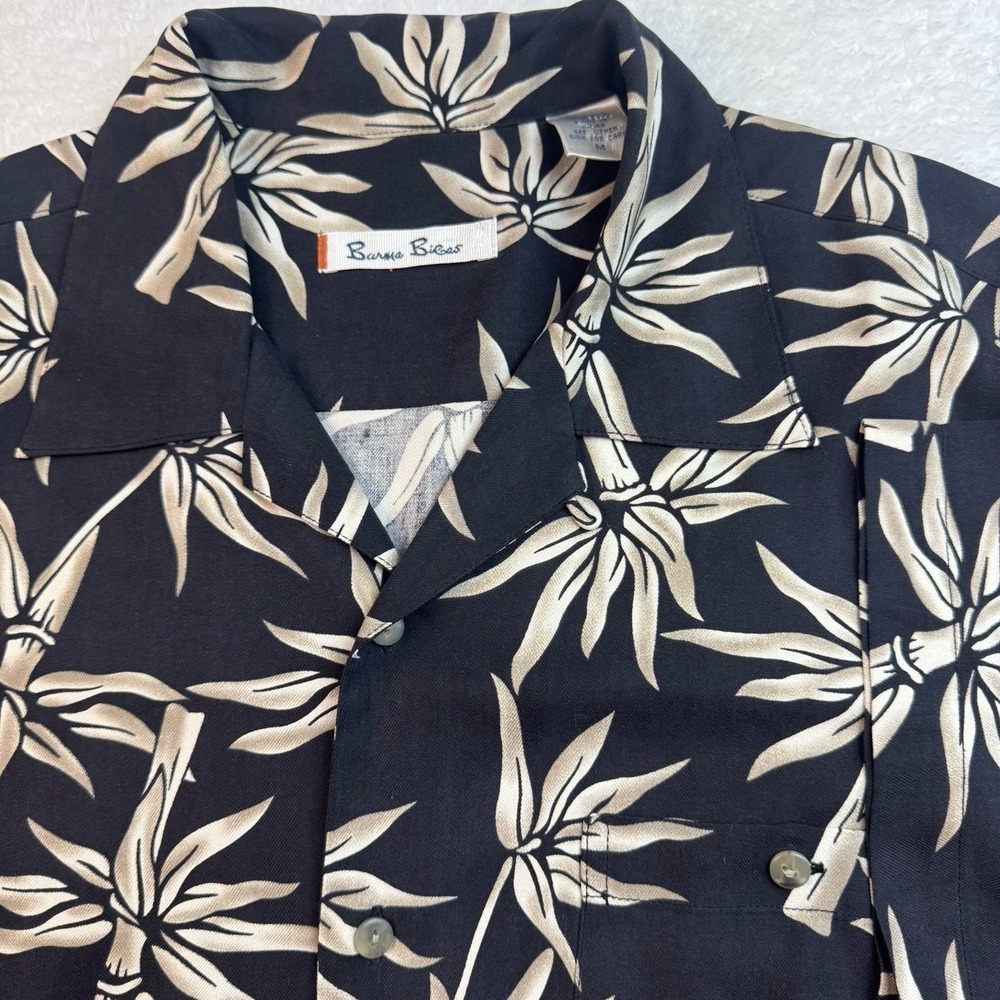 Burma Bibas Silk Hawaiian Shirt Mens Medium Black‎ Bamboo Floral Camp Collar
